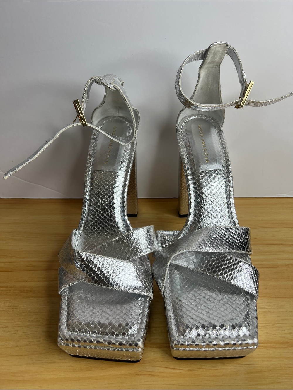 Good American Metallic Silver Snake-Print Block Heel Sandals